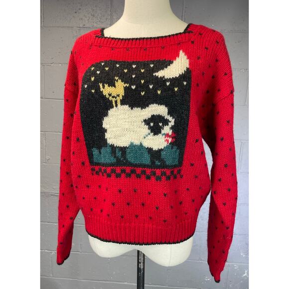 Vintage Woolrich Sheep Moon Novelty Knit Wool Sweater Red Black Medium Large - Picture 7 of 13